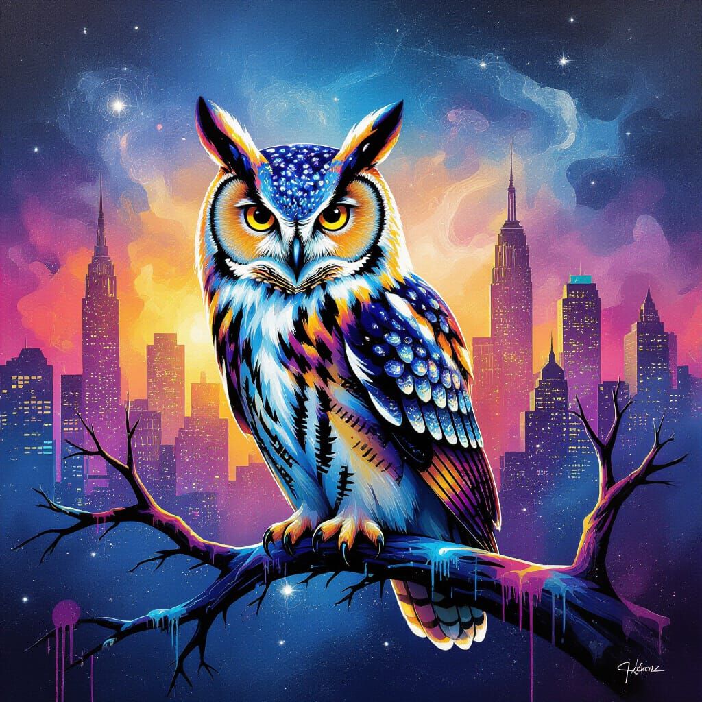 Ethereal Nebula Owl on Stardust Branch with Dreamlike Citysc...