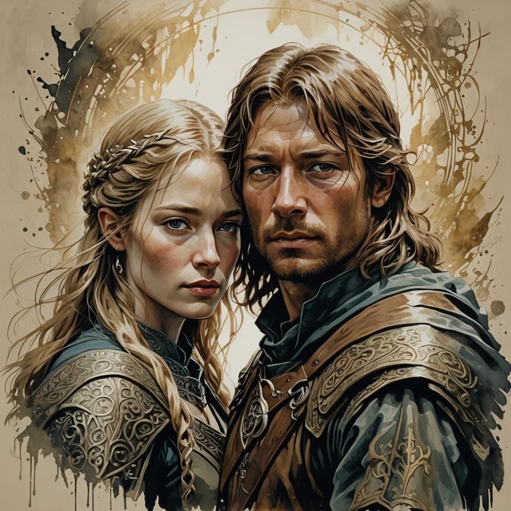 Faramir and Eowyn: Photorealistic Portrait in Gouache Style