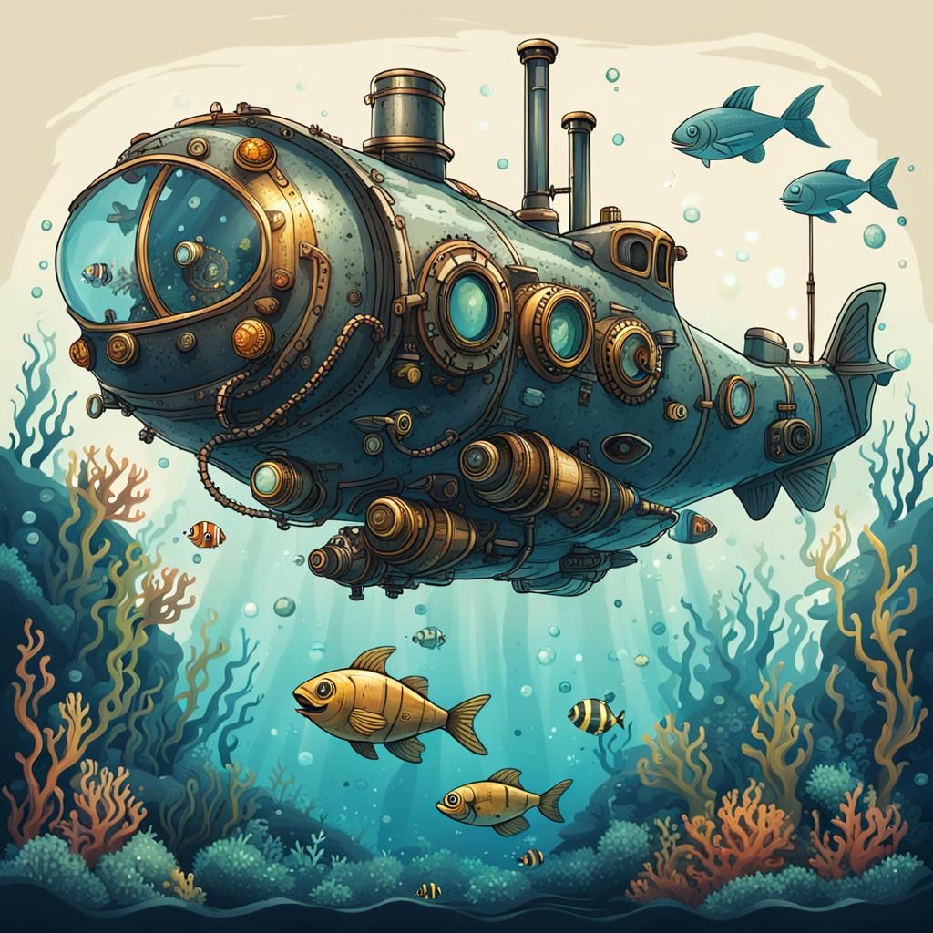 Steampunk Submarine Explores Ocean Bottom