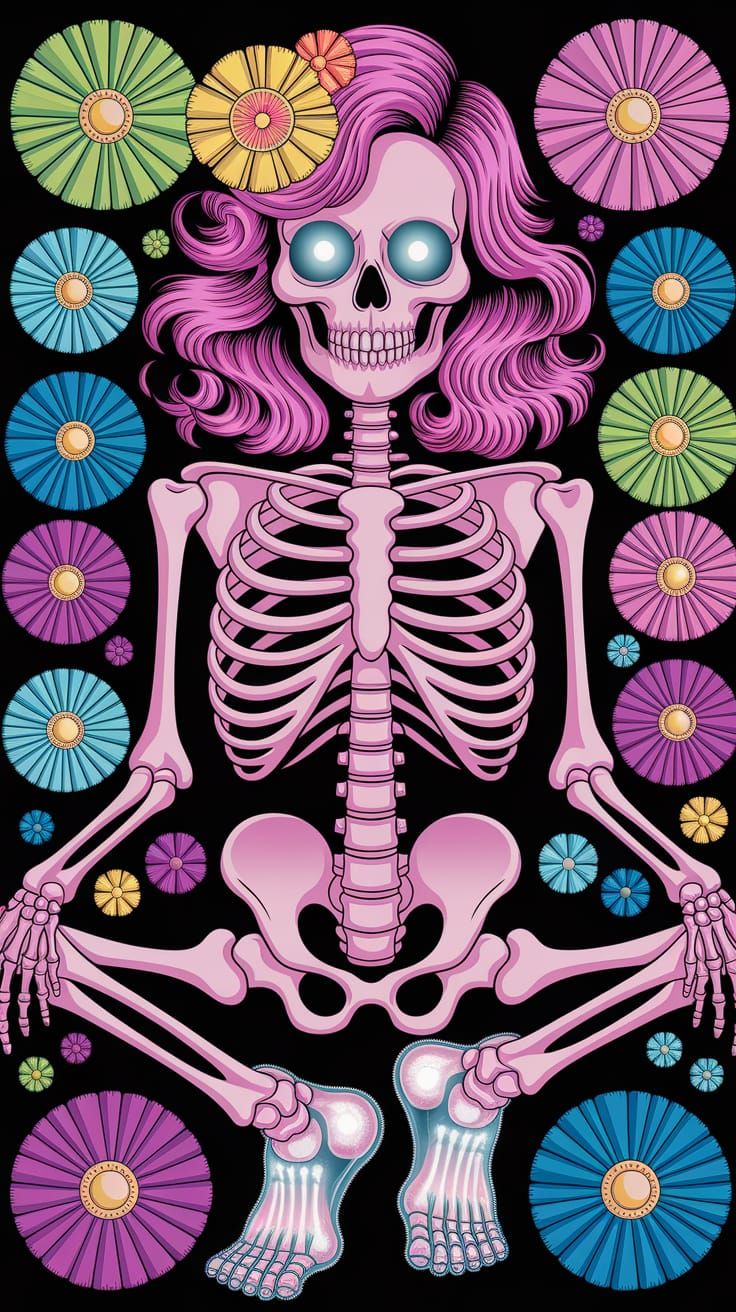 Detailed Pink Skeleton with Flowers in Comic Style