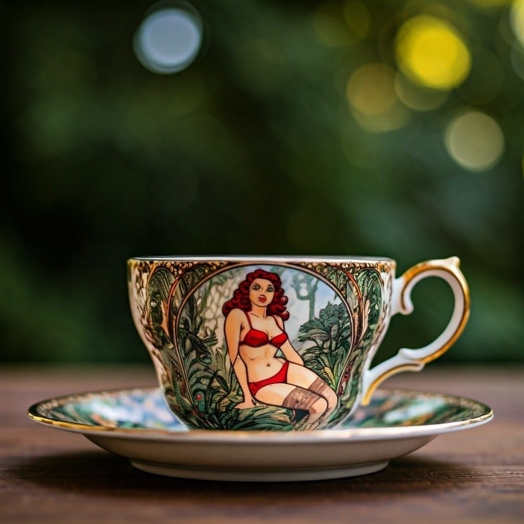 Teacup with Pin-Up Girl Forest, in Pop Art Style