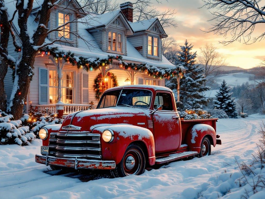 Vintage Red Truck under Snowy Victorian Farmhouse