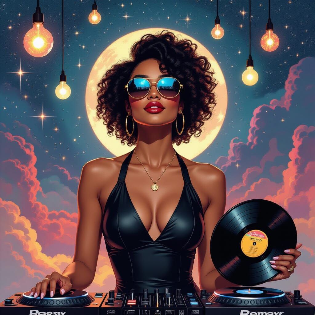 Afrofuturist Woman in Space with Vinyl Record