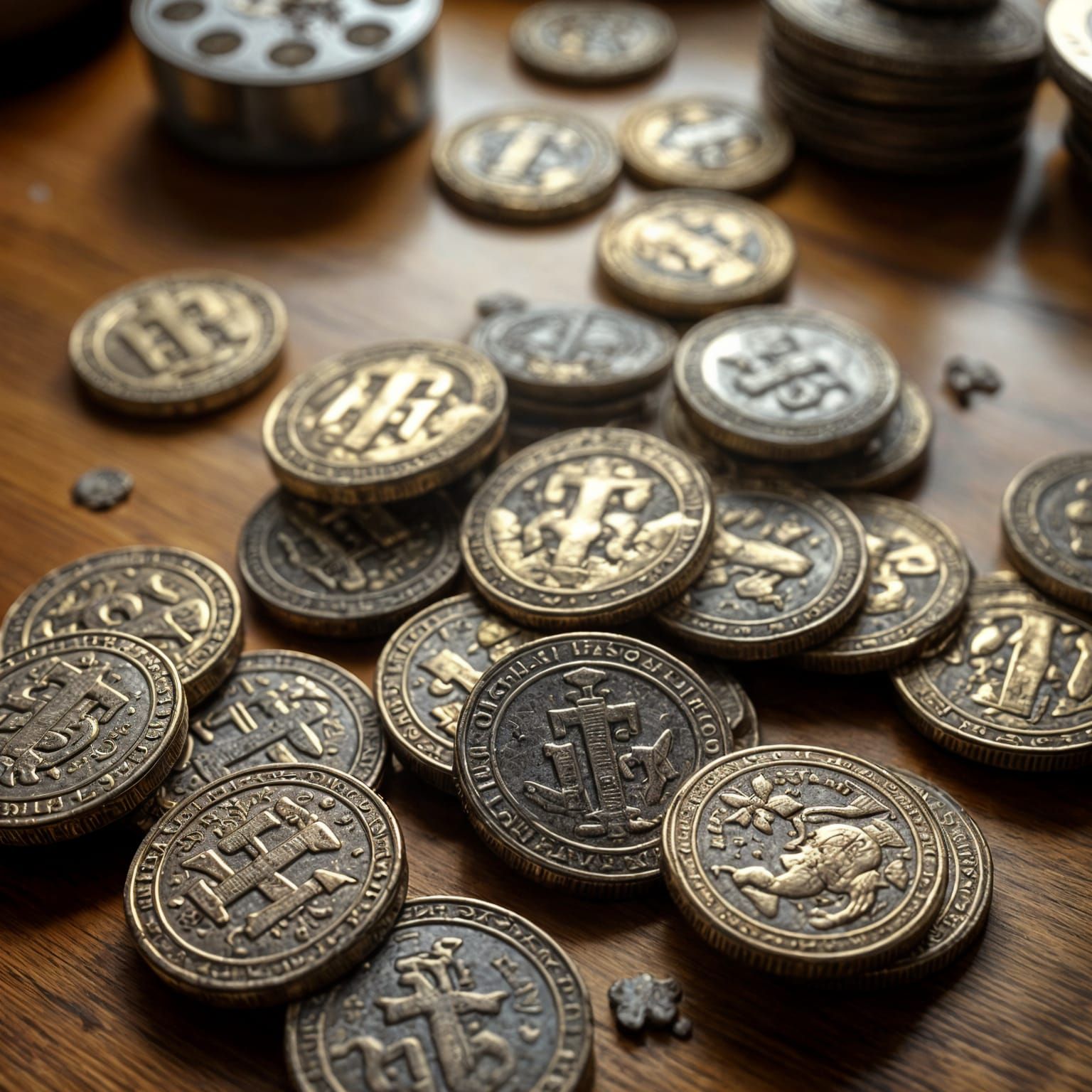 Golden Coins on Wooden Table in Hyperrealistic Style