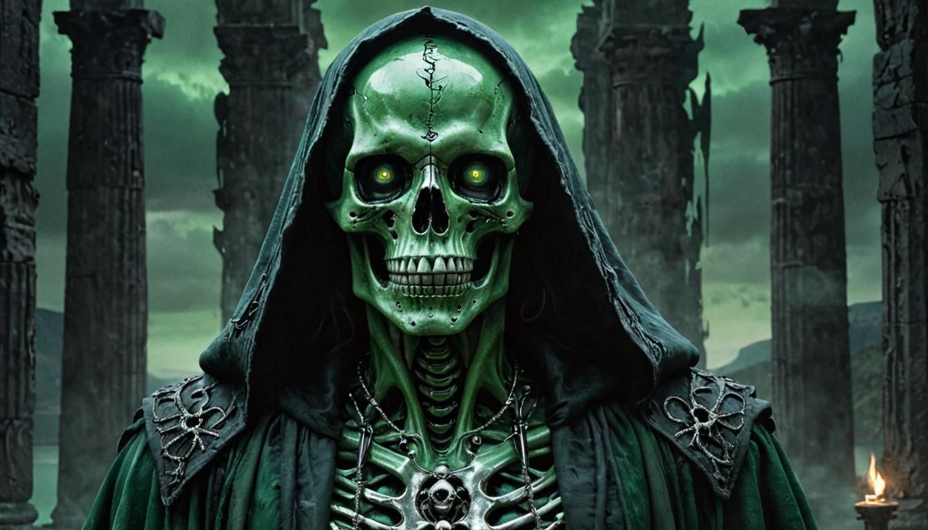 Eerie Green Chrome Skeleton in Dark Fantasy Art