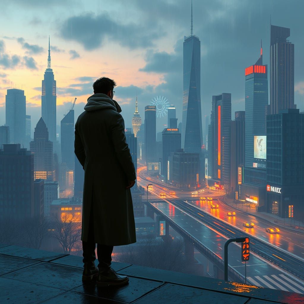 Lonely Figure Contemplates Futuristic Cityscape Under Starry...