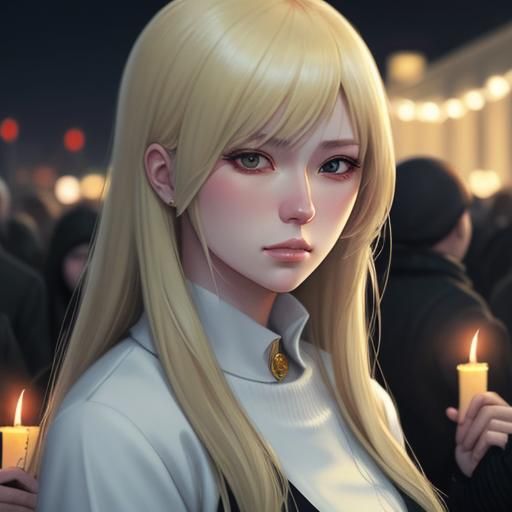 Candlelight Vigil with Blond Anime Character Portrait