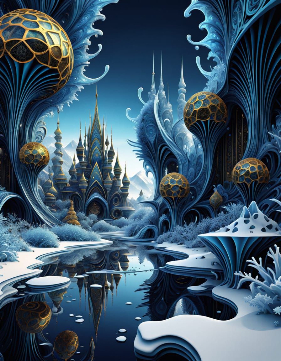 Ethereal Ice Palace in a Fractal Alien Landscape