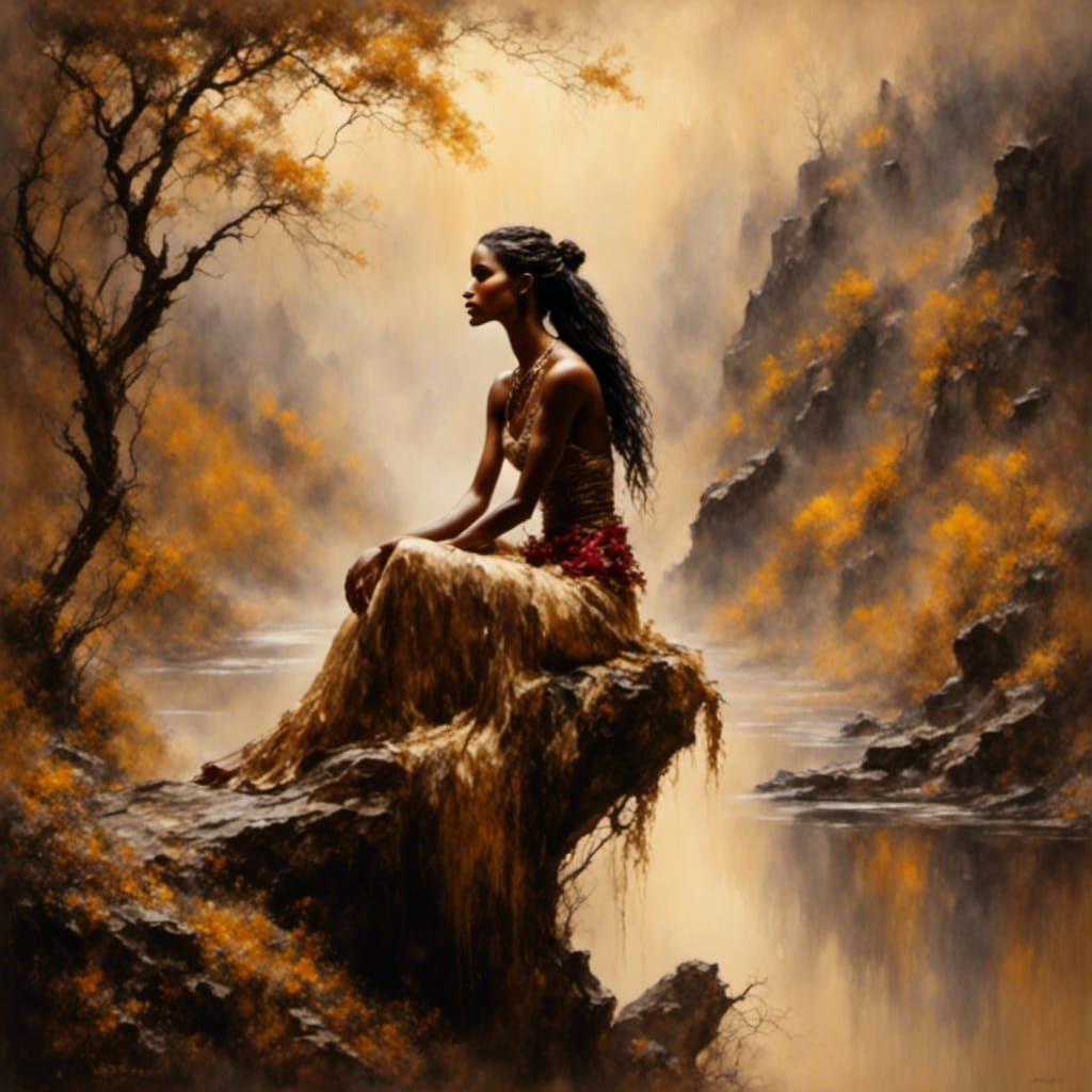 Sepia River Fairy on Cliff