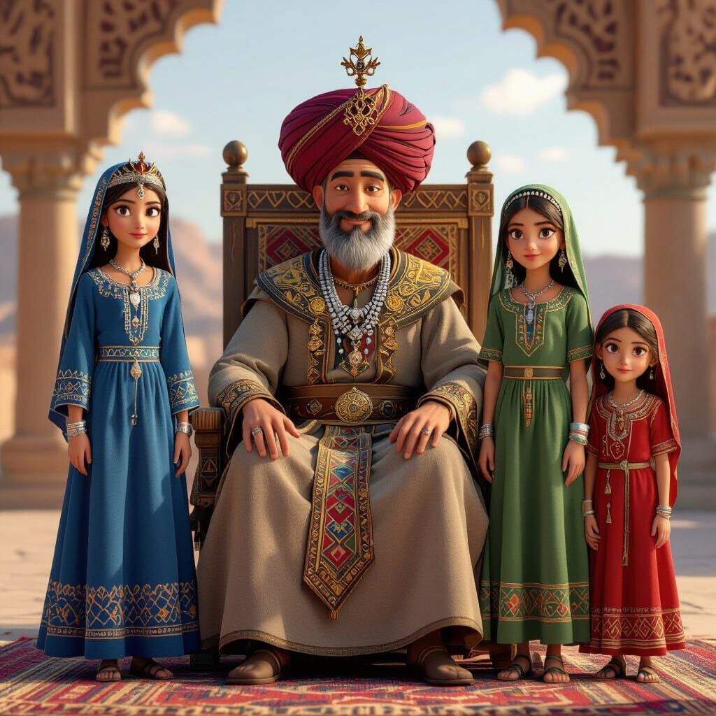 Amazigh Sultan and Daughters in Ornate Palace
