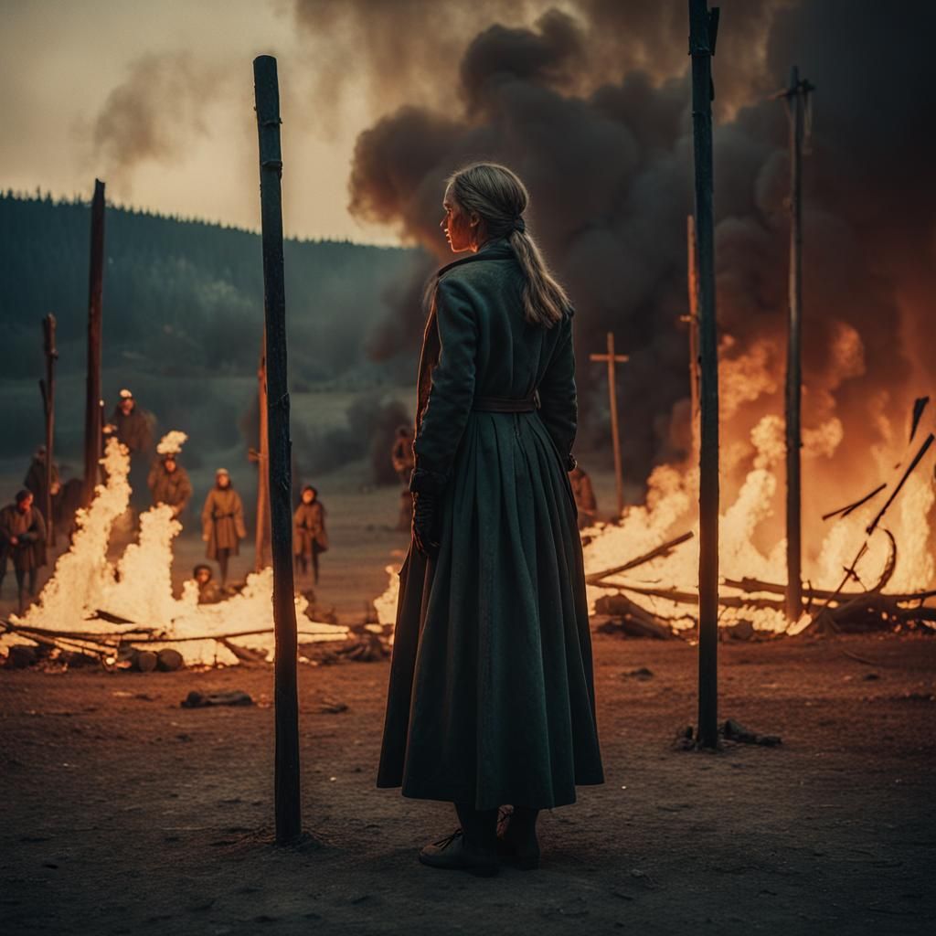 Woman at the Stake: Dramatic Cinematic Film Still