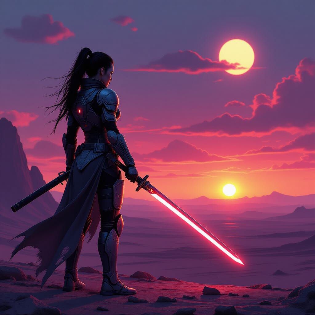 Stoic Warrior with Glowing Katana on Alien Planet