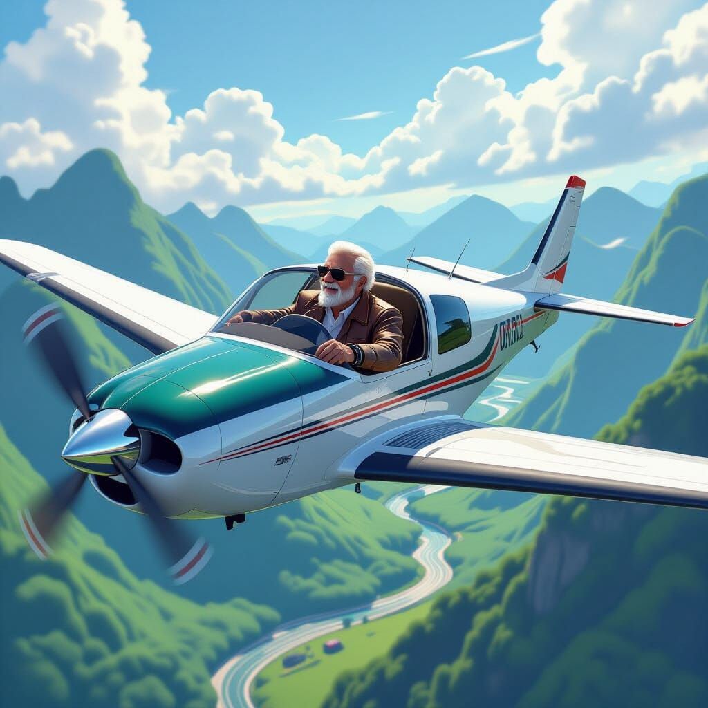 Rich Man Soaring Through Valley in Futuristic Style