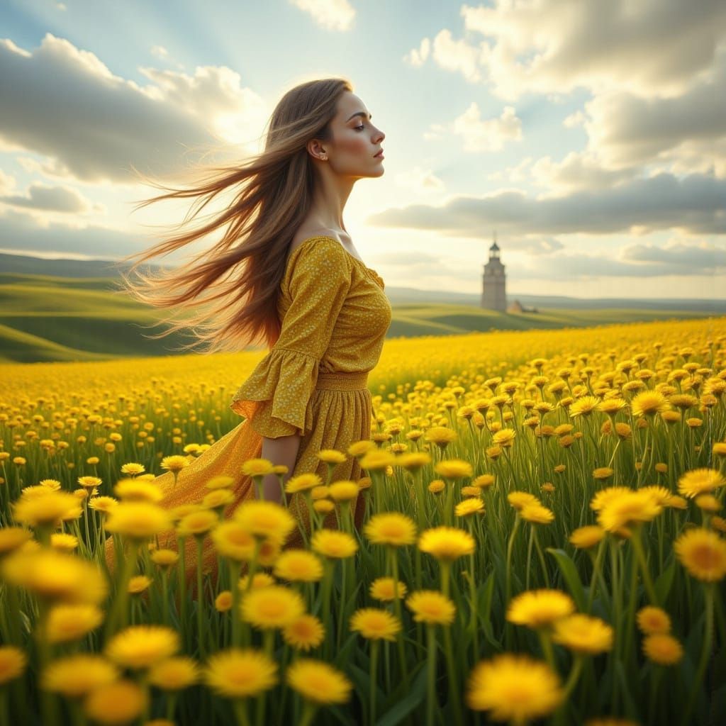 Serenity in a Windswept Meadow in Hyper-Realistic Style