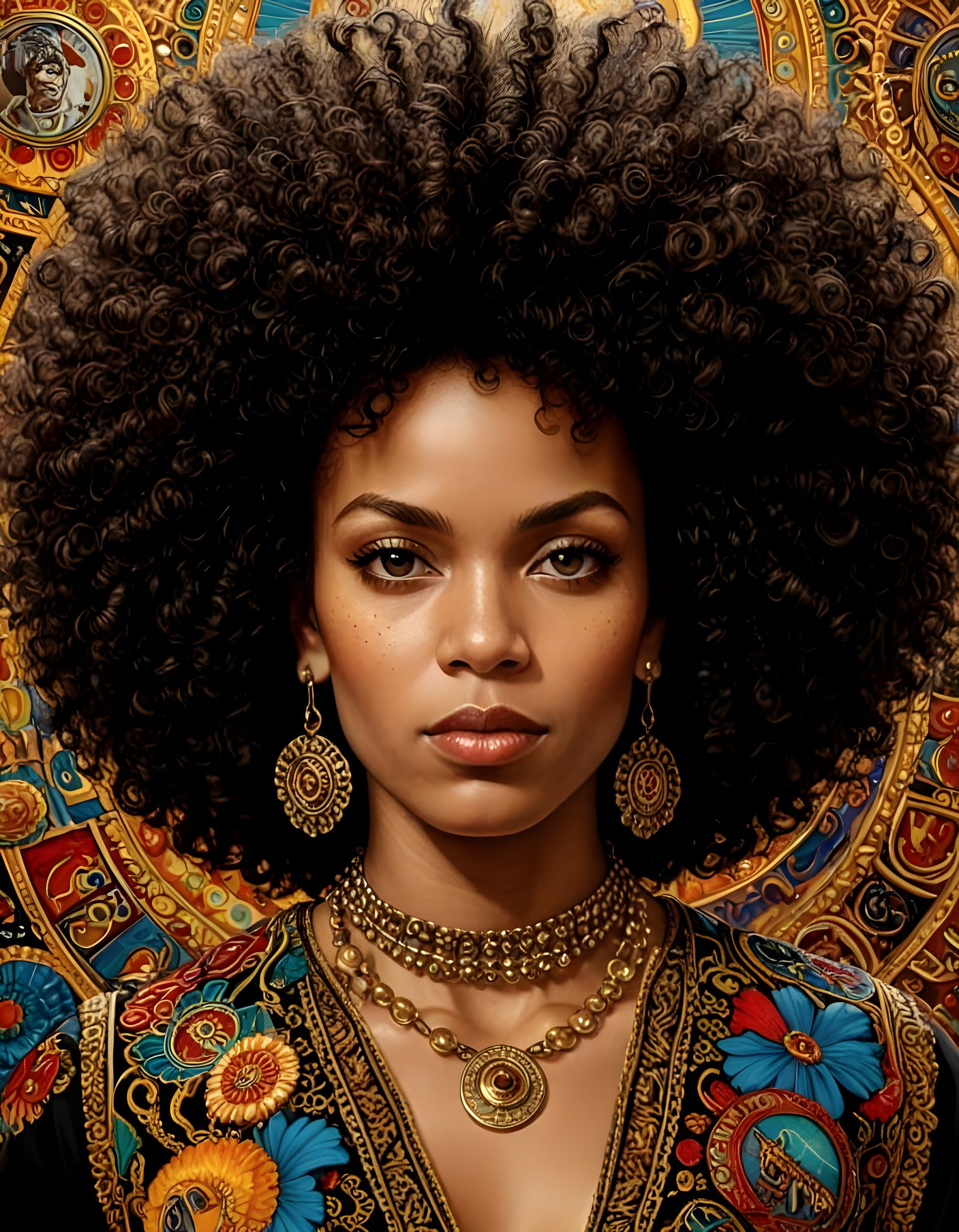 Angela Davies Portrait with Afro and Civil Rights Symbols