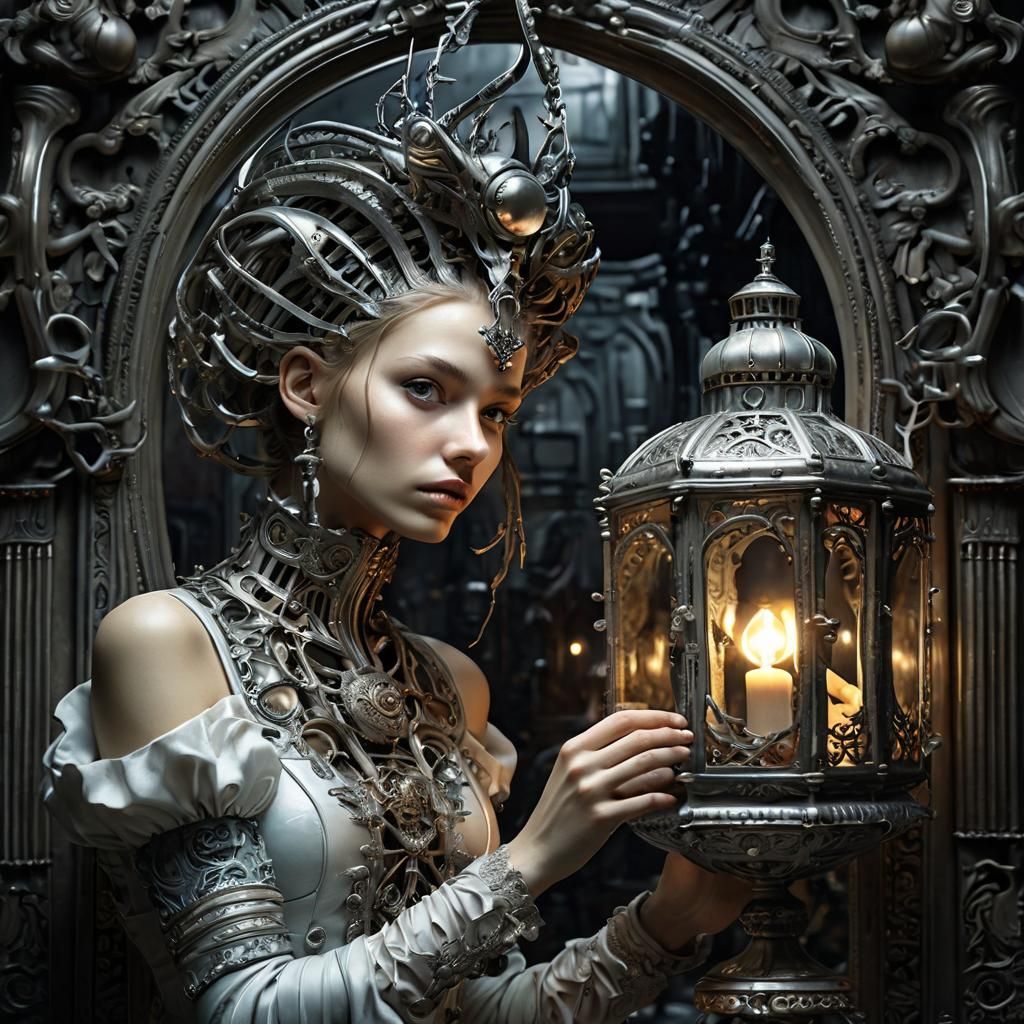 Biomechanical Woman with Lantern in Giger Style