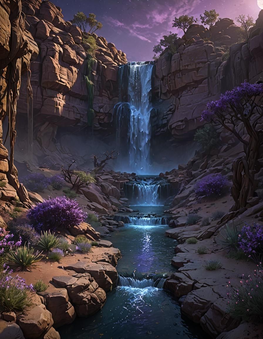 Desert Waterfall at Night in Dark Fantasy Style