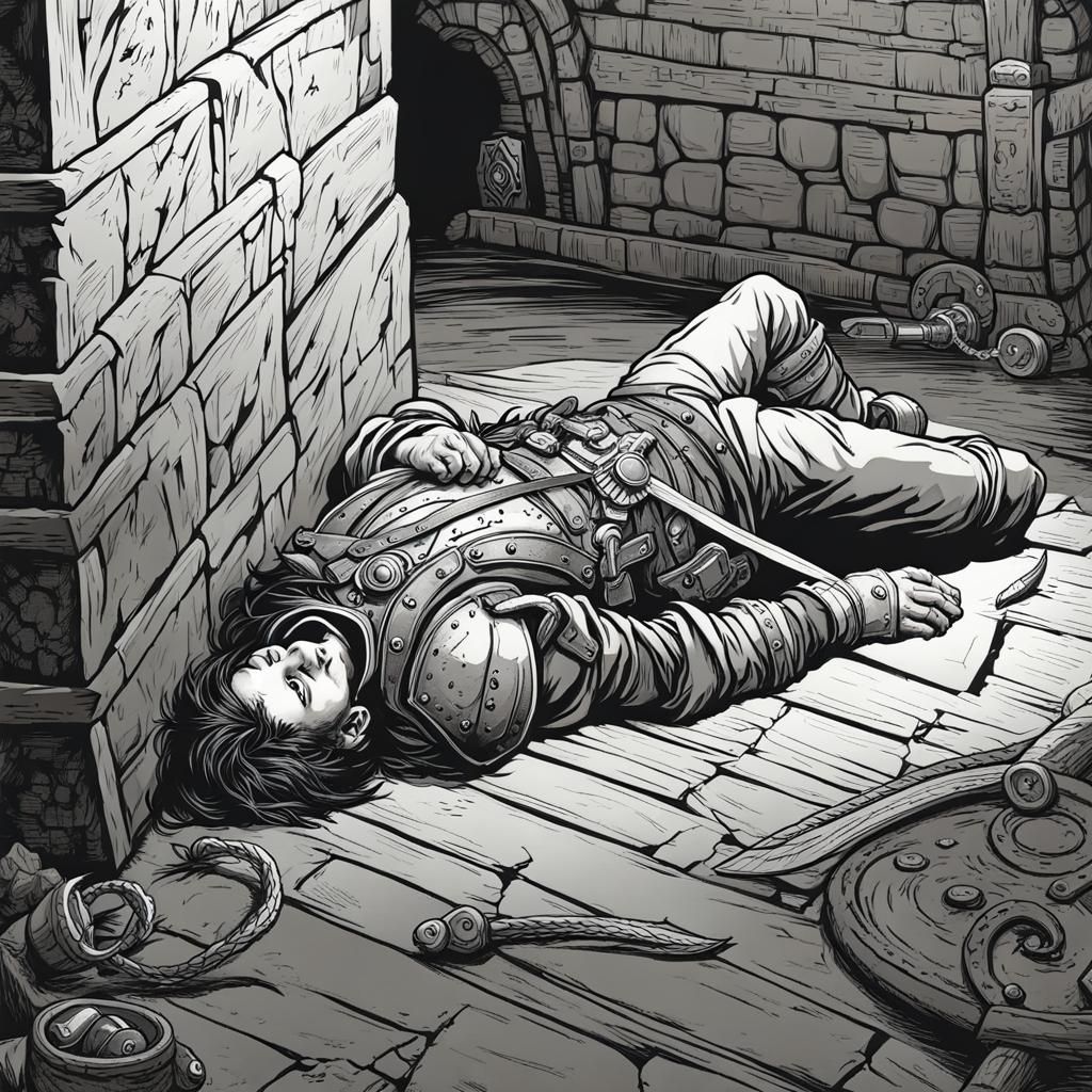 Unconscious Adventurer in Dungeon: 2D Black and White Art