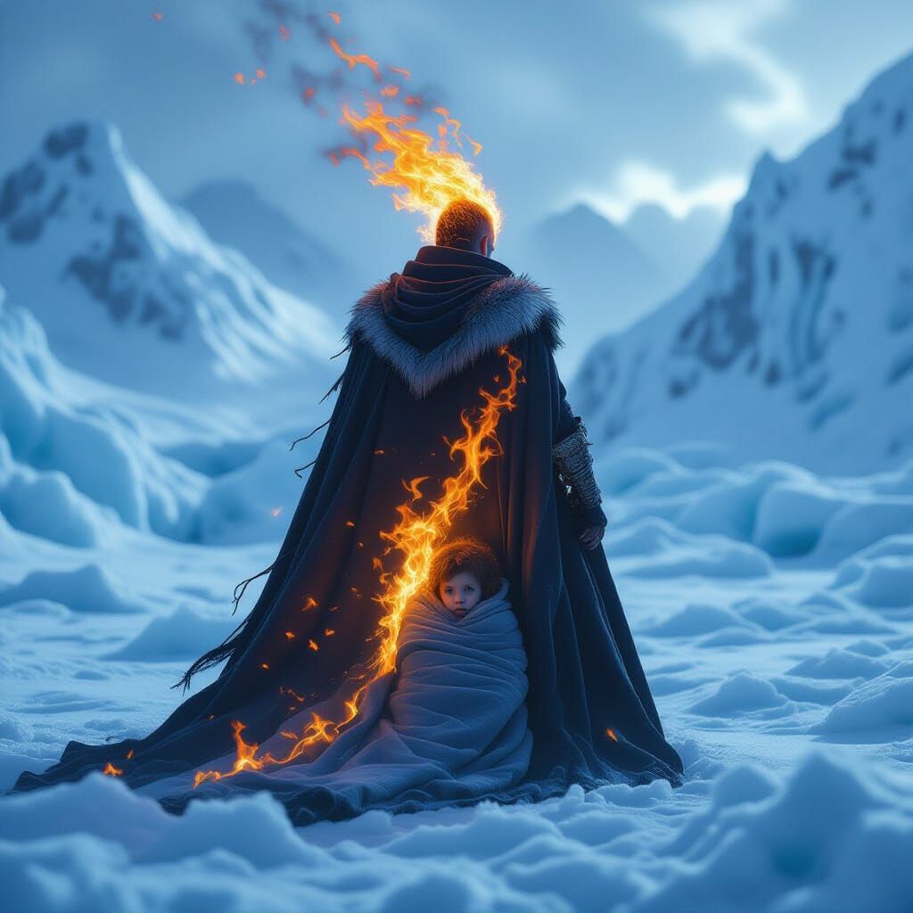 Fire Wizard Against Icy Landscape Double Exposure