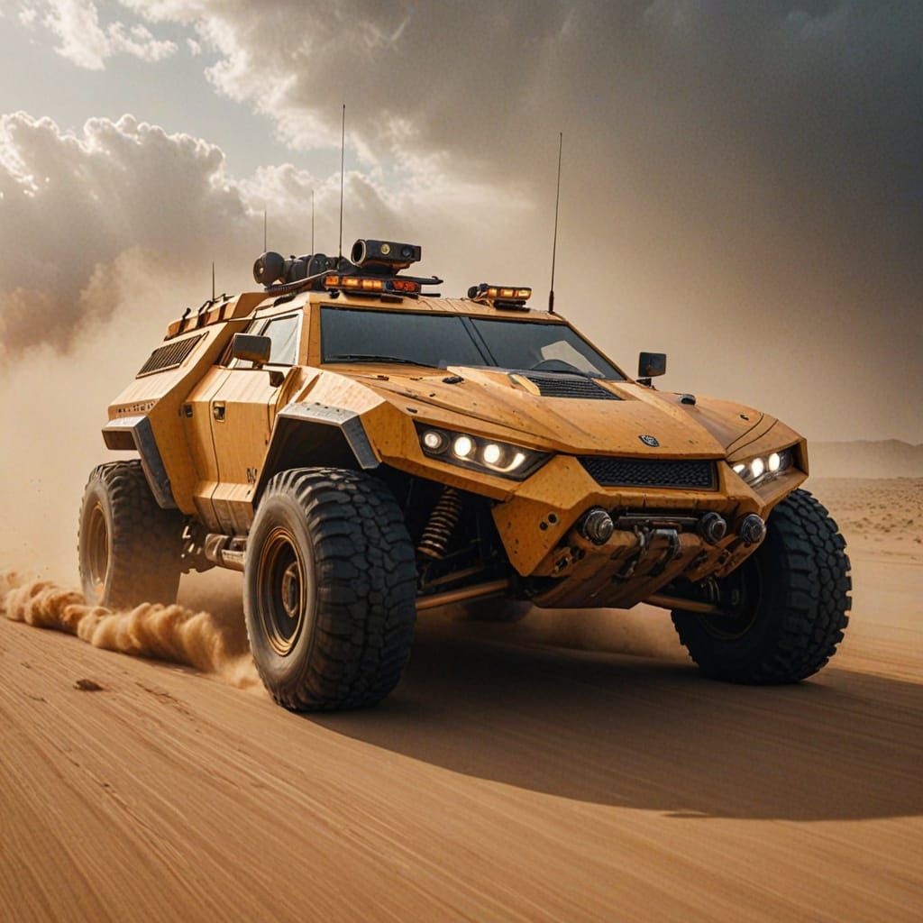 Futuristic Armoured Car Plows Through Inferno Sandstorm