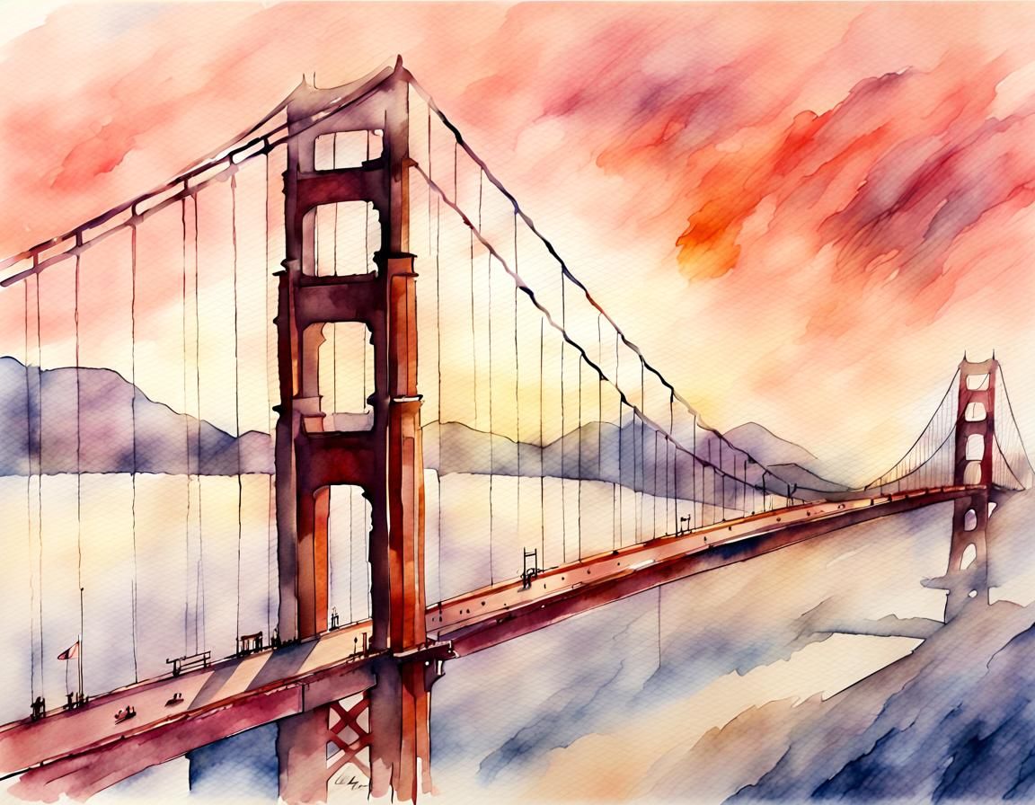 Golden Gate Bridge at Misty Sunrise: Watercolor Painting