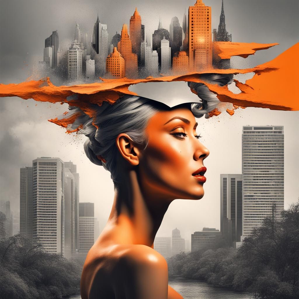 Surreal 1950s Woman with City in Digital Collage