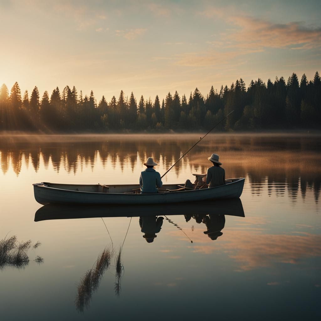 Serene Sunrise: Women Fishing in Golden Light