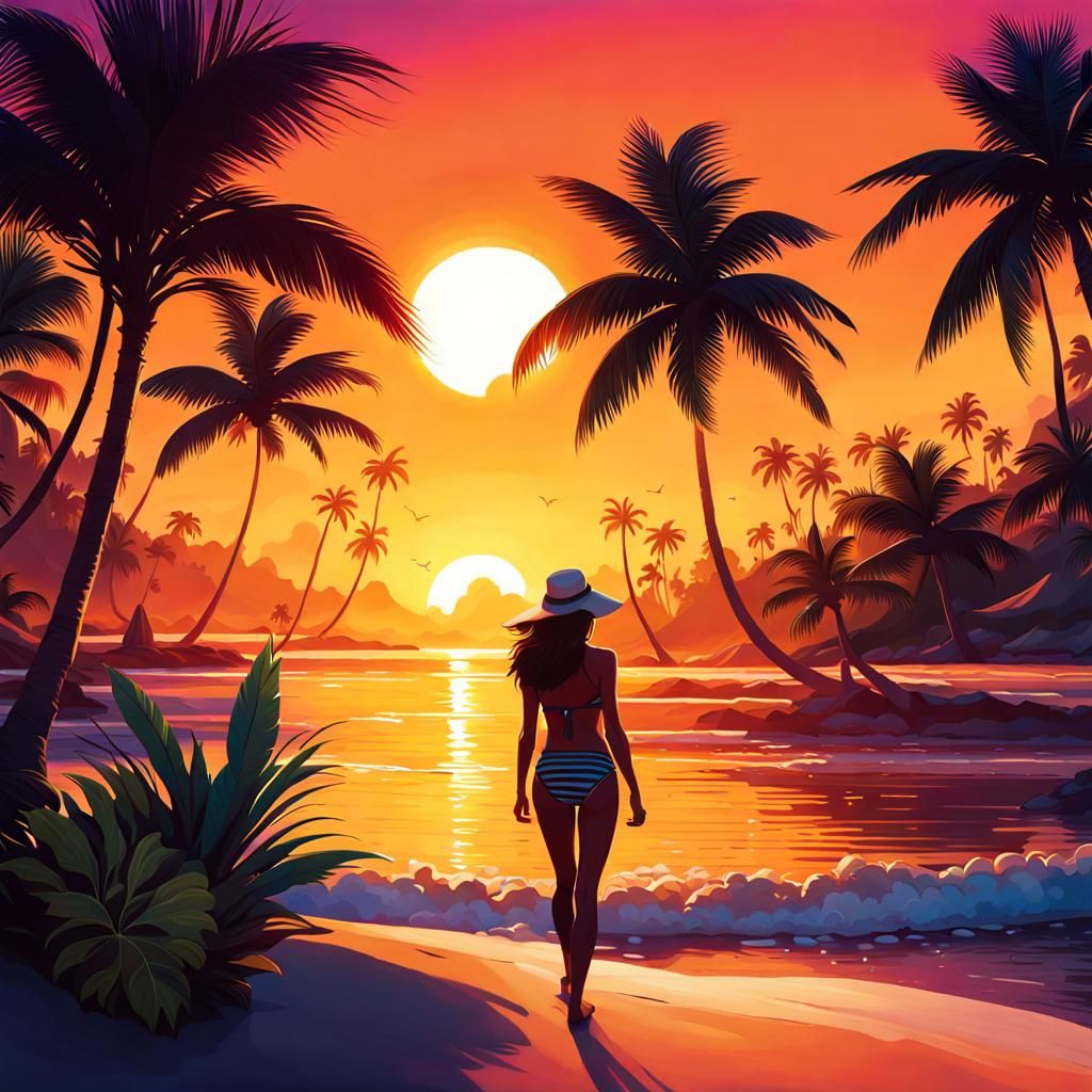 Tropical Beach Scene at Golden Sunset