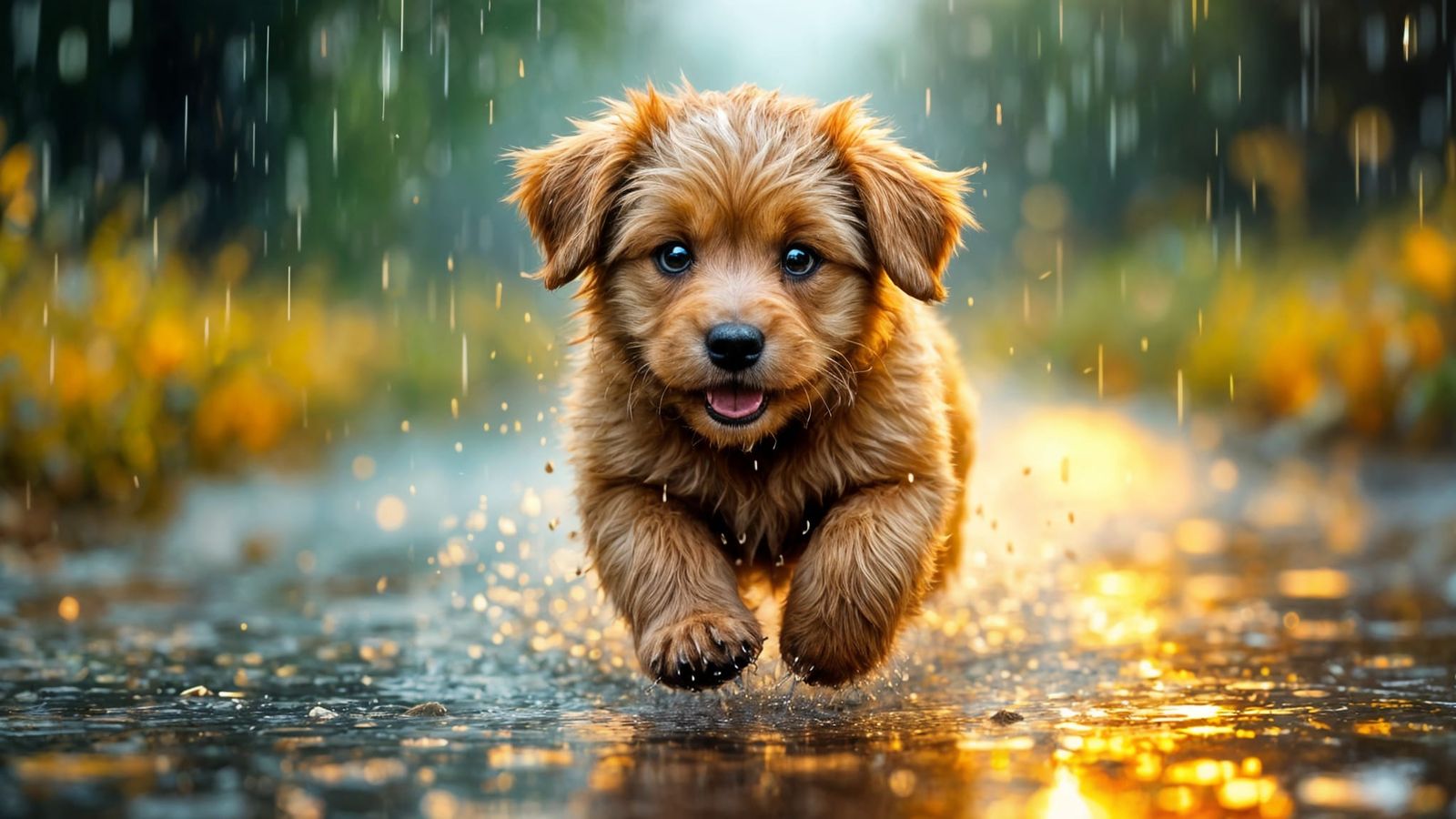 Adorable Puppy Runs Joyfully in Rainy Landscape