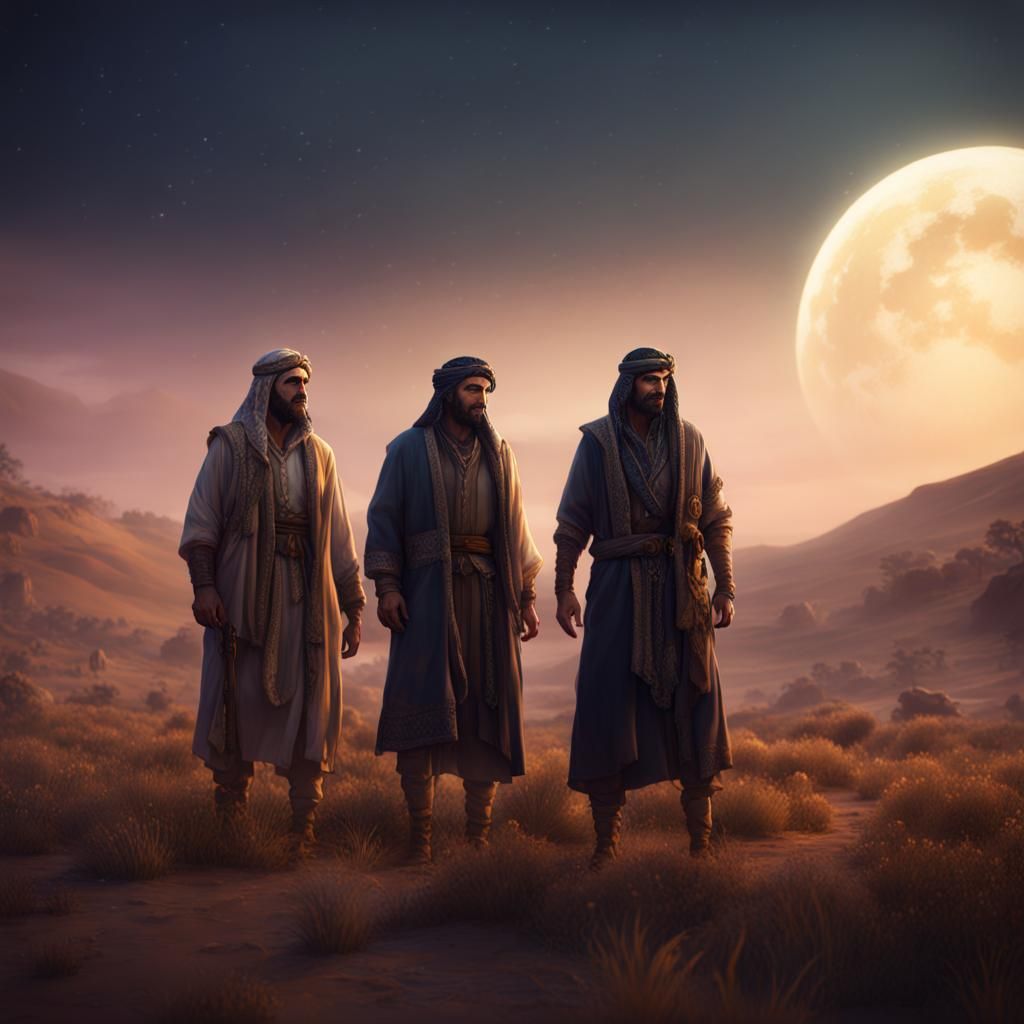 Middle Eastern Shepherds in a Night Field