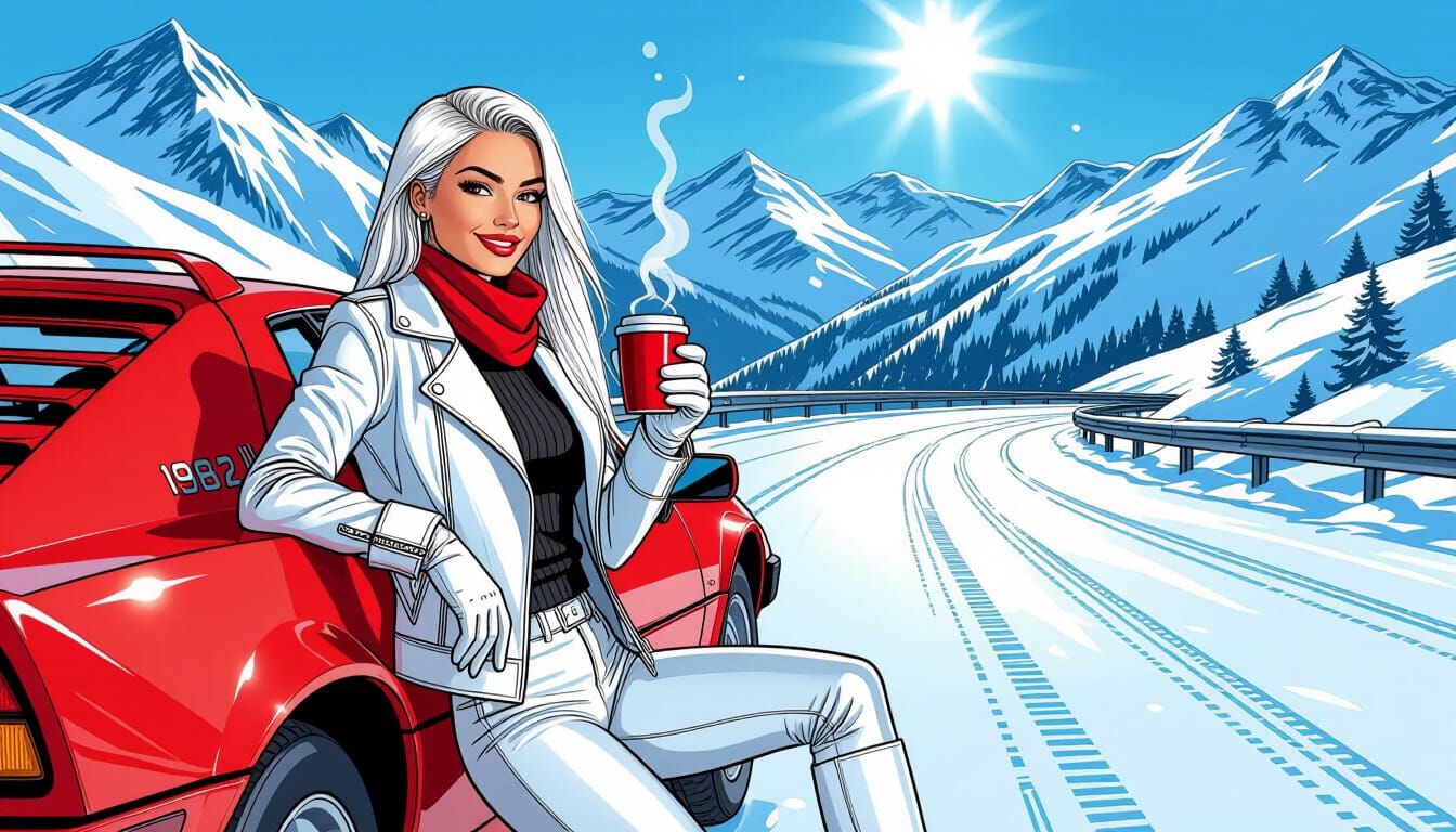 Snowy Mountain Road Trip in Comic Art Style