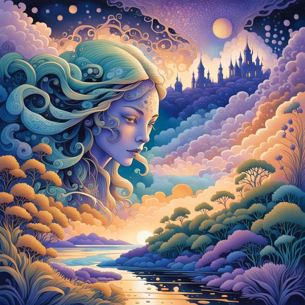 Ethereal Woman in Art Nouveau Landscape
