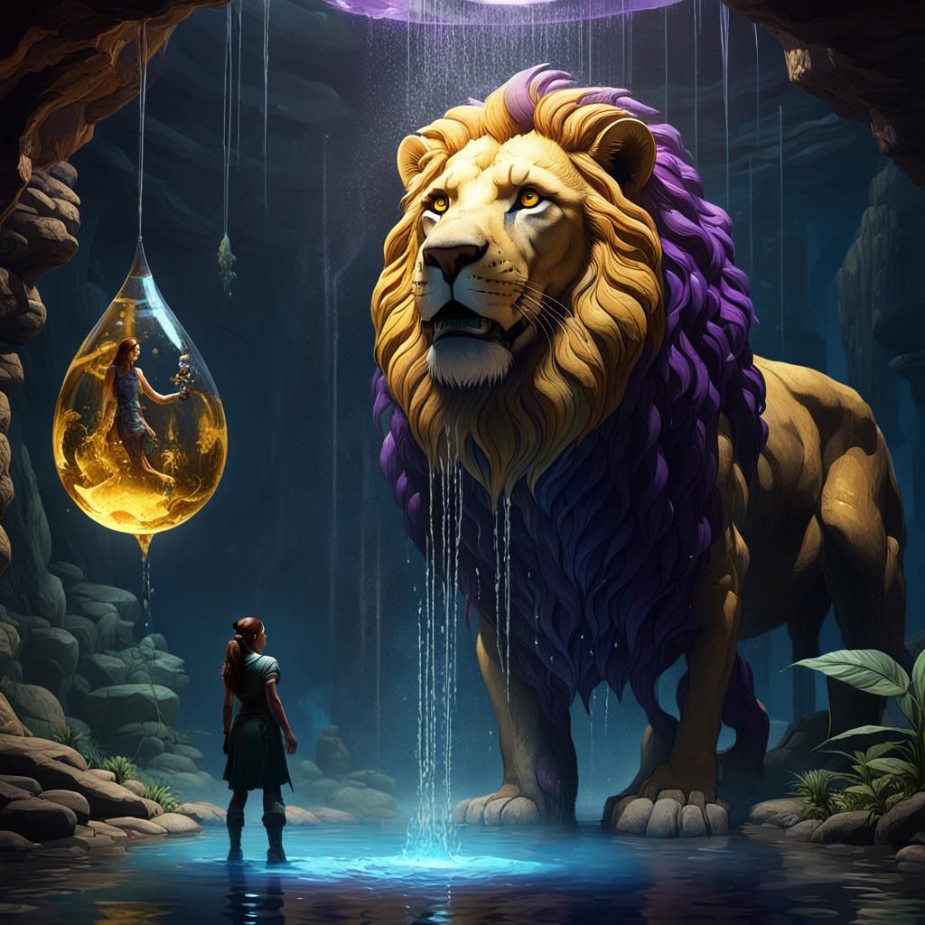 Lion Gazing at Woman in Water Drop