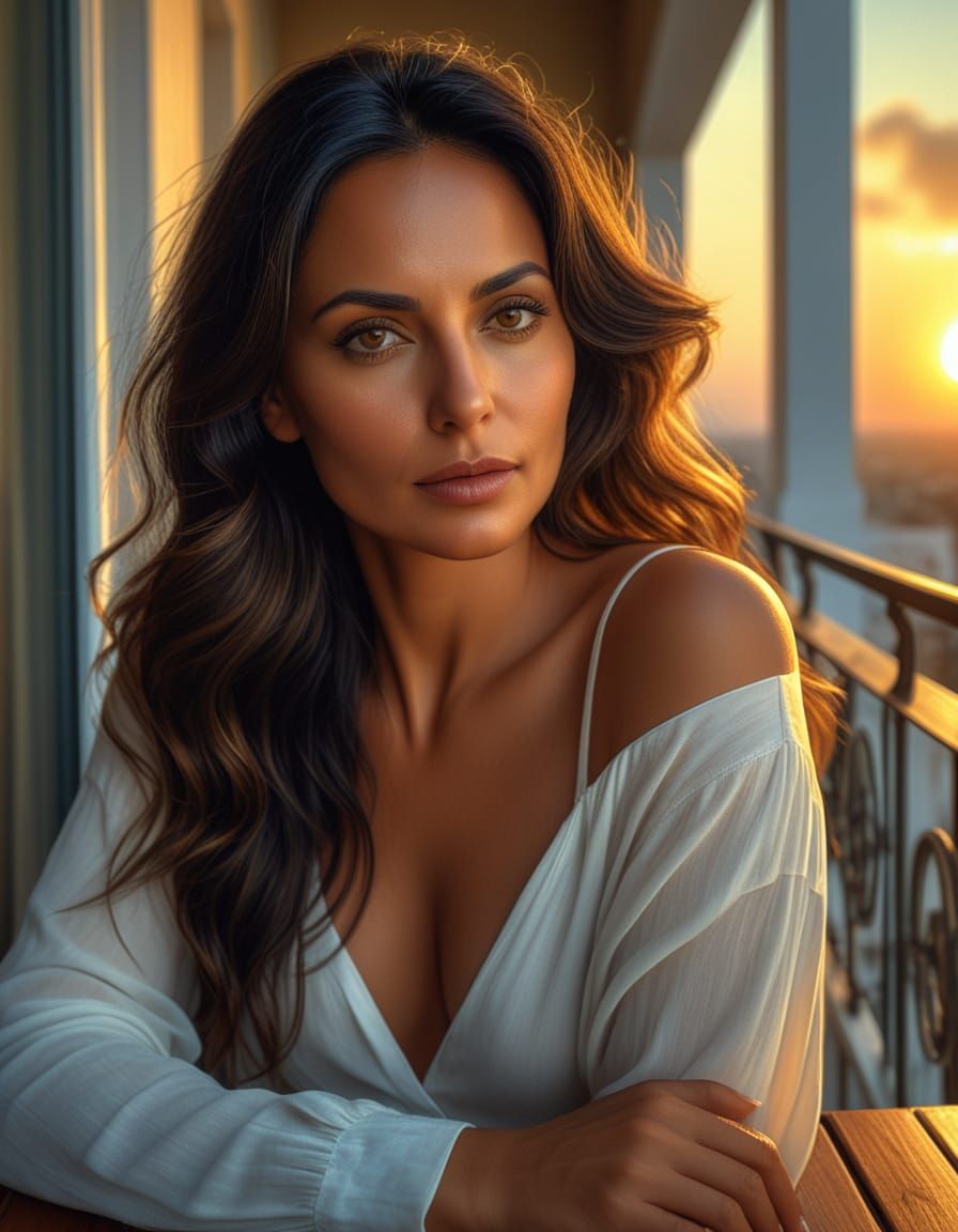 Romantic Realism Portrait of Woman on Balcony