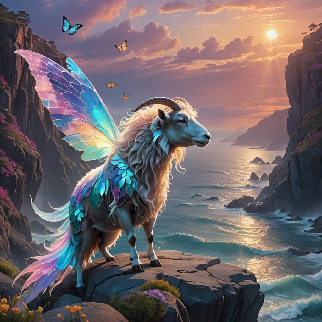Sheep-Butterfly-Dolphin Hybrid on Ocean Cliff