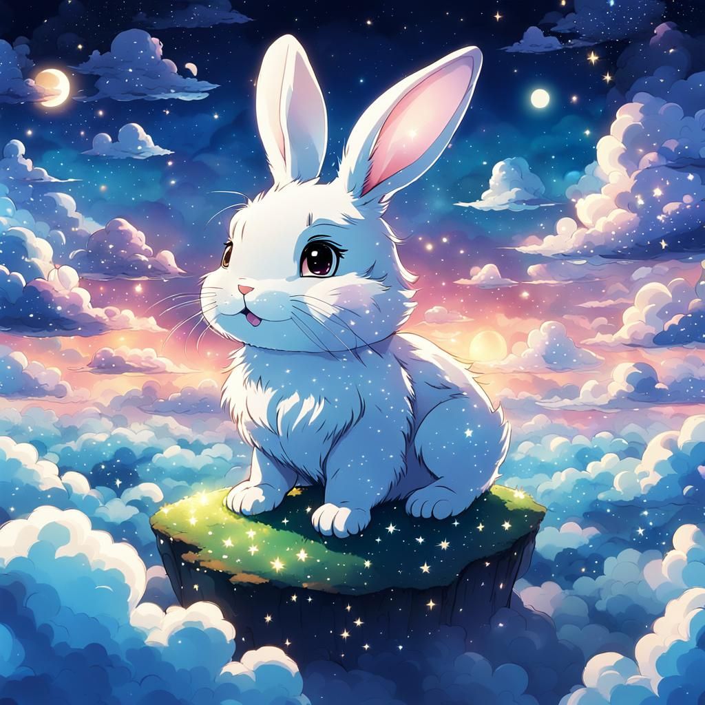 Cute Bunny in Whimsical Anime Nightscape