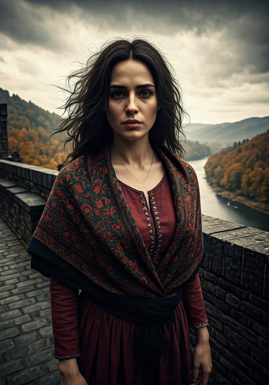 Renaissance Woman on Castle Battlements in Oil