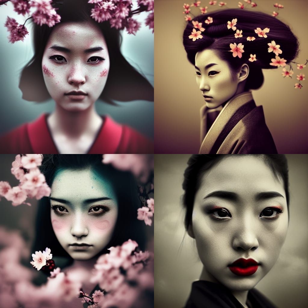 Geisha Samurai Fusion with Cherry Blossoms Portrait