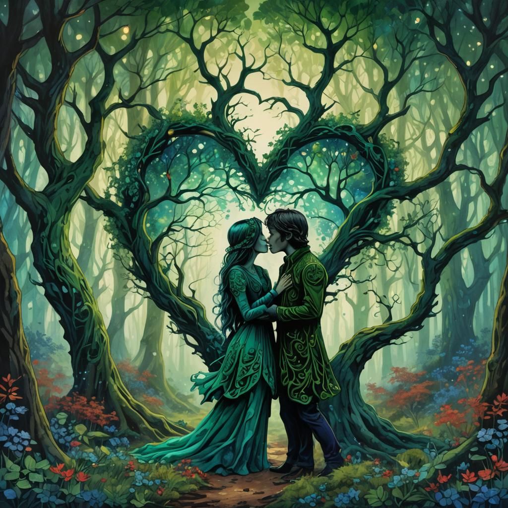 Romantic Forest Kiss in Emerald and Sapphire