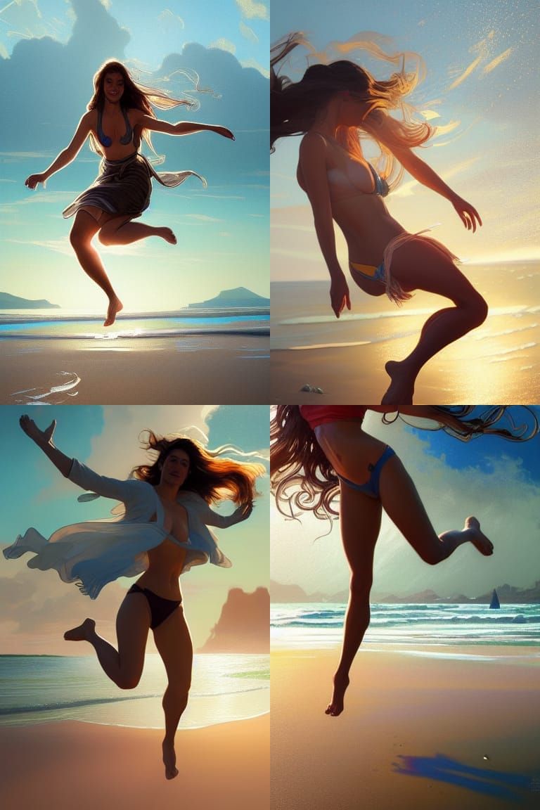 Radiant Girl Jumps on Beach with Rim Lighting