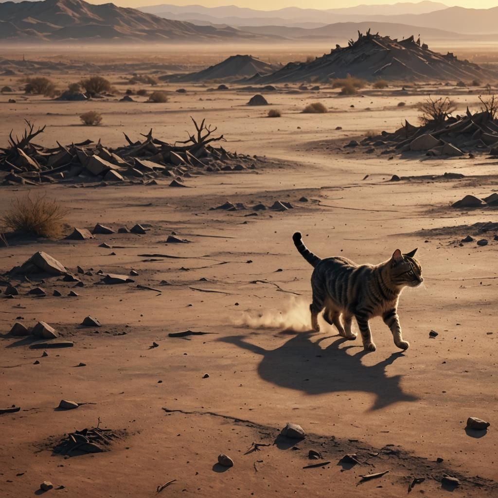 Sad Cat in Barren Wasteland at Sunset