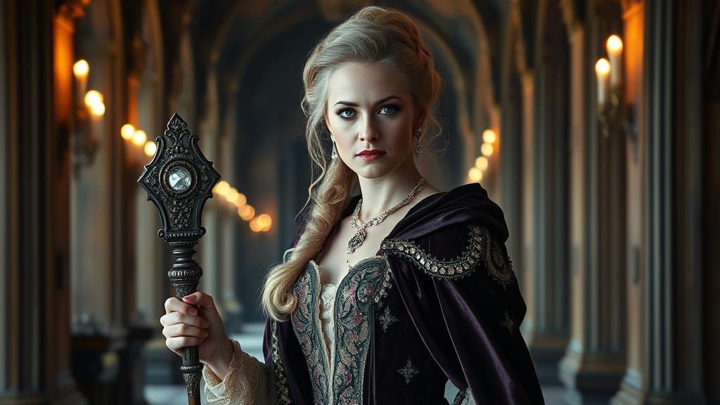 Elegant Witch Walks Royal Castle Corridors