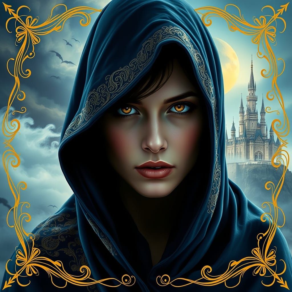 Mysterious Fantasy Woman in Enchanting Blue Cloak