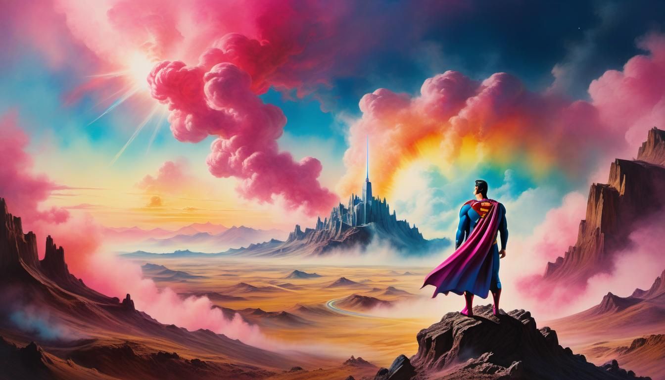 Surreal Superman in Dreamlike Landscape, Watercolor Style