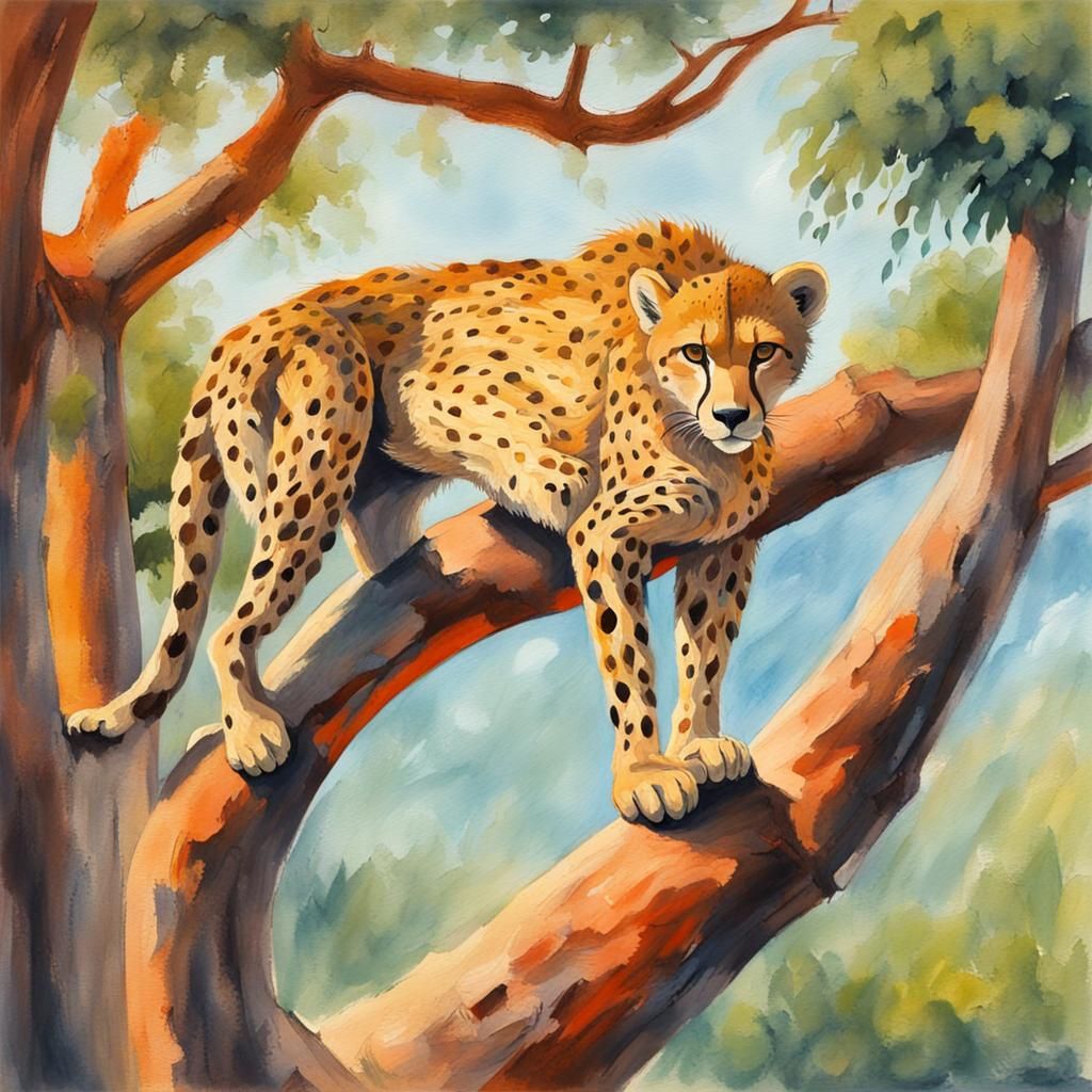 Cheetah Climbing Tree in Gouache Watercolor Style