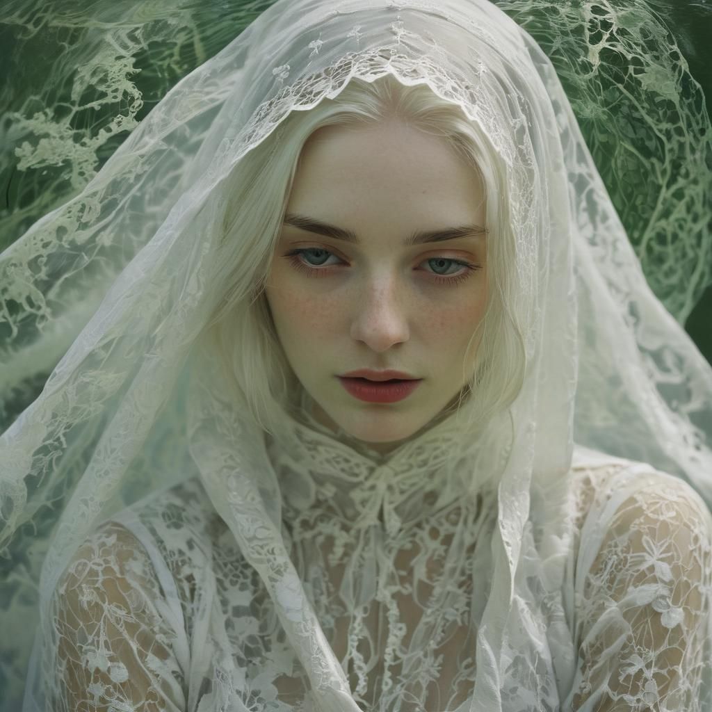 Ethereal Veiled Figure with White Hair in Painterly Style