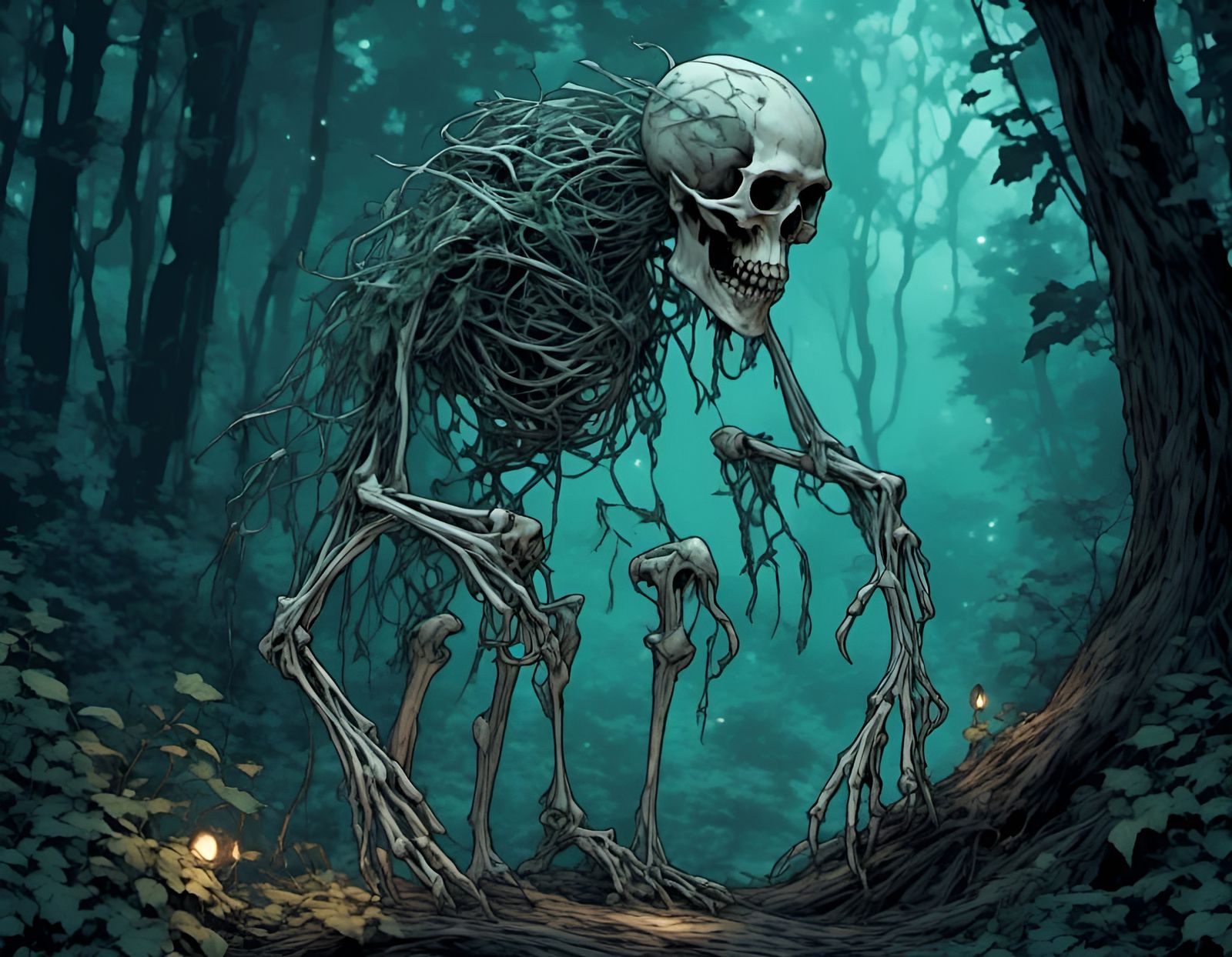 Eerie Crystal Vine Monster in Dark Forest