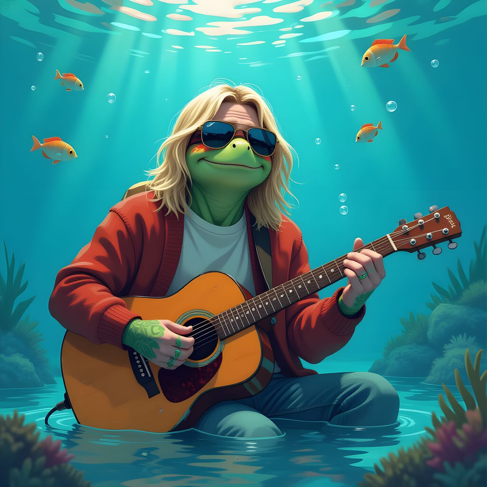 Kurt Cobain as a Turtle Cartoon Illustration