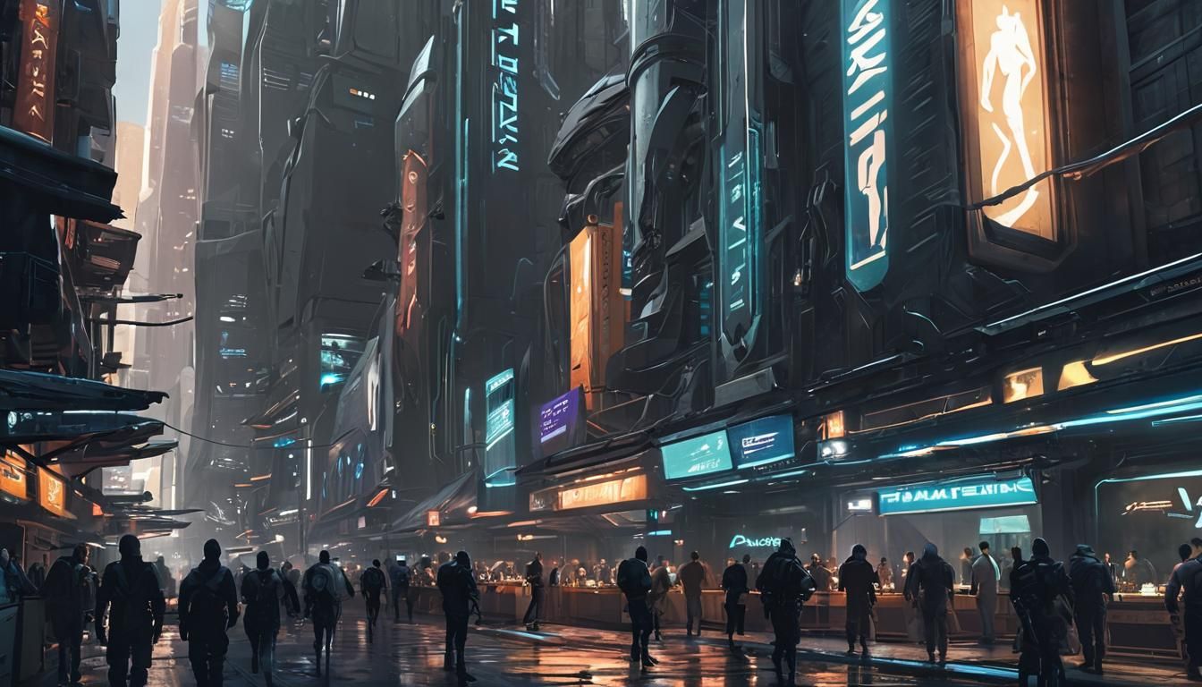 Futuristic Sci-Fi Market with Neon Lights in 3D
