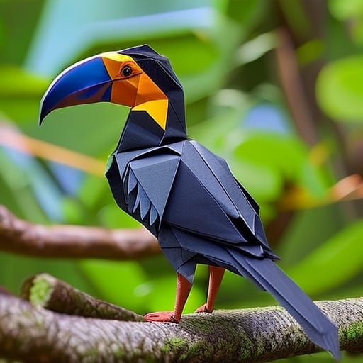 Origami Toucan in Lush Jungle, Digital Art